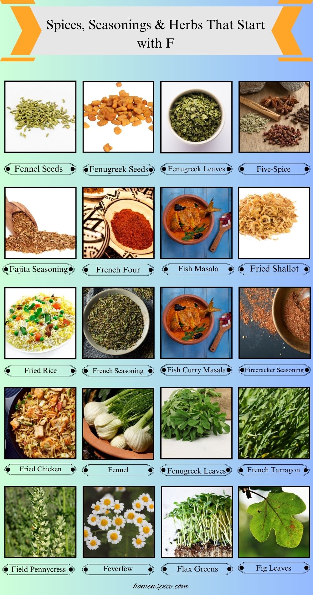 Spices, Seasonings & Herbs that Start with F