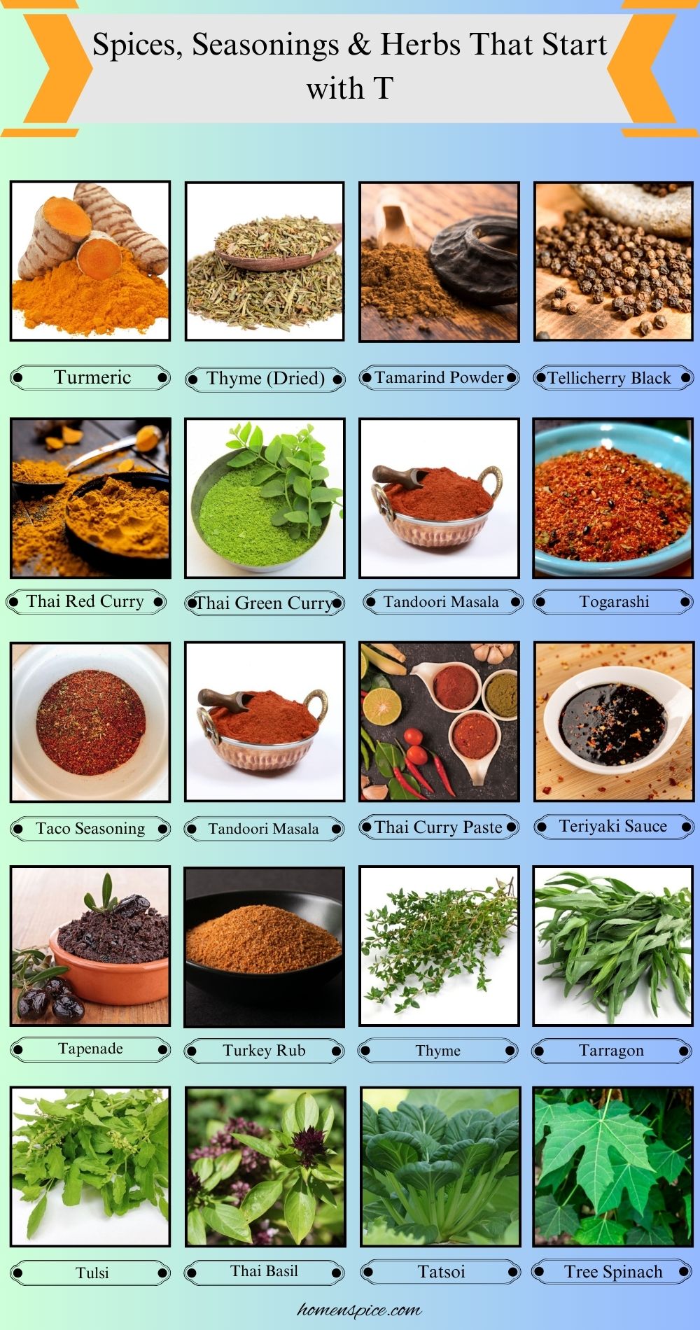 Spices, Seasonings & Herbs that Start with T
