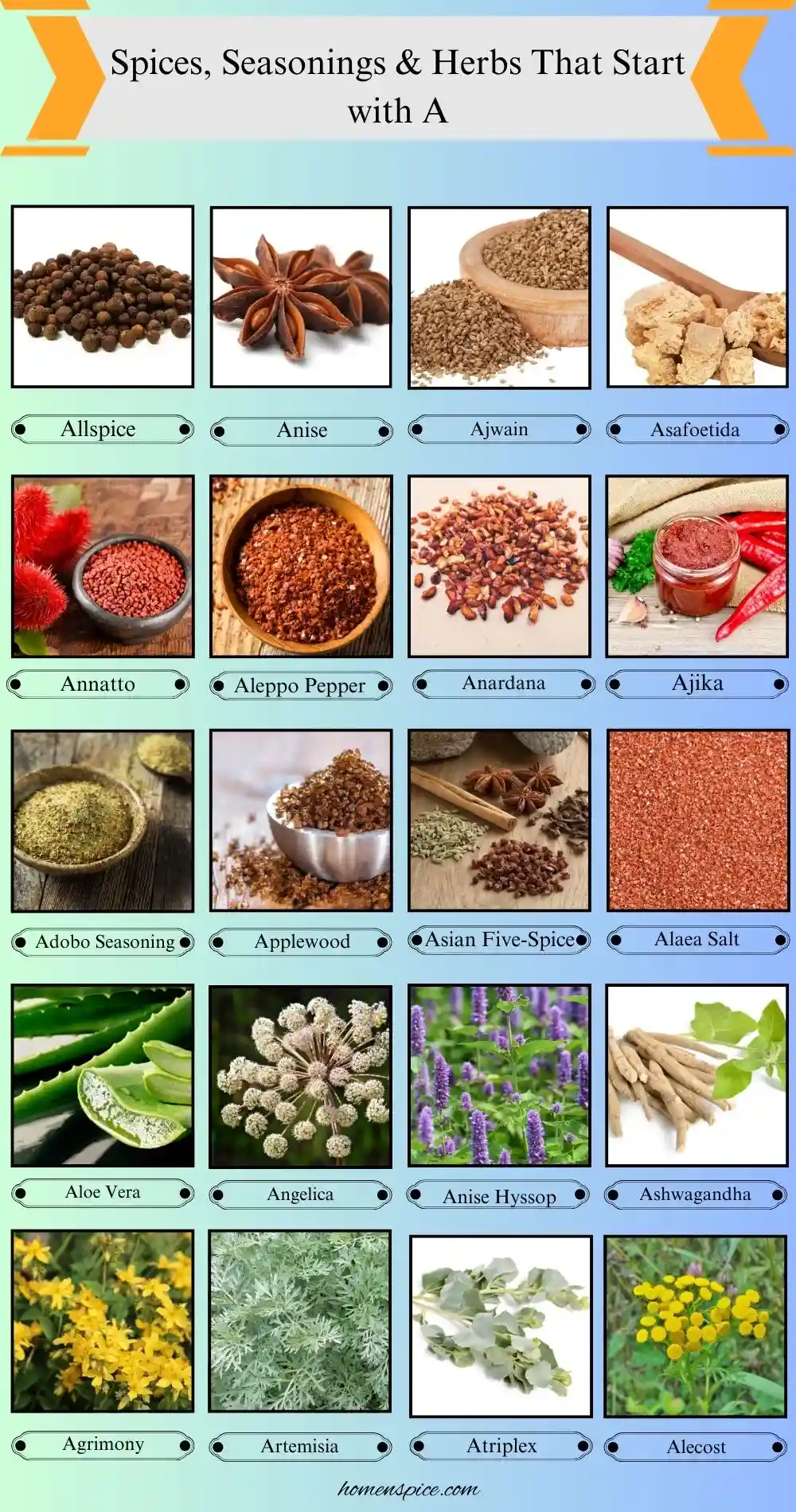 Spices, Seasonings & Herbs that Start with A