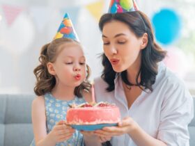 Child daughter doing birthday celebration with her mother